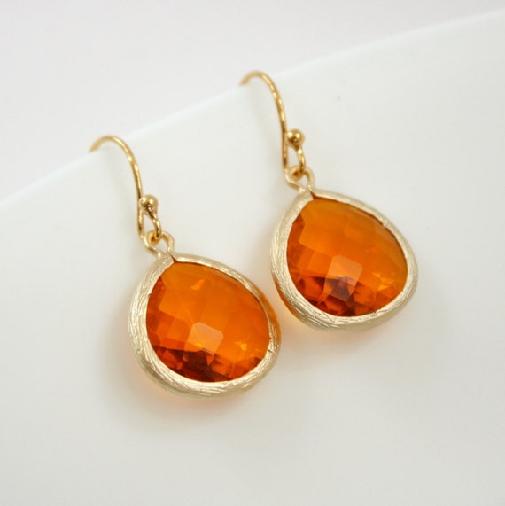 Orange Jewelry Dangle Earrings Fire Opal Glass Gold Earrings