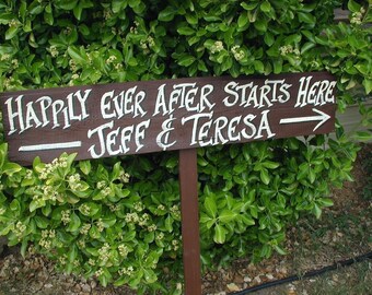 Personalized Your Name on Wood Wedding Sign on Stake Happily Ever After Starts Here Directional Arrow