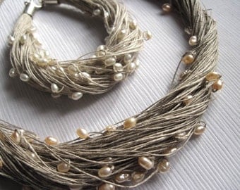 Natural Pearls Linen Necklace Bracelet Wedding Set Multistrand Pearl Necklace White Gray Silver