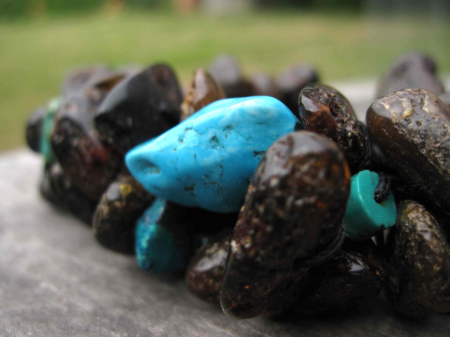 Rough Gemstone Bracelet Blue Teal Turquoise Raw Amber Black