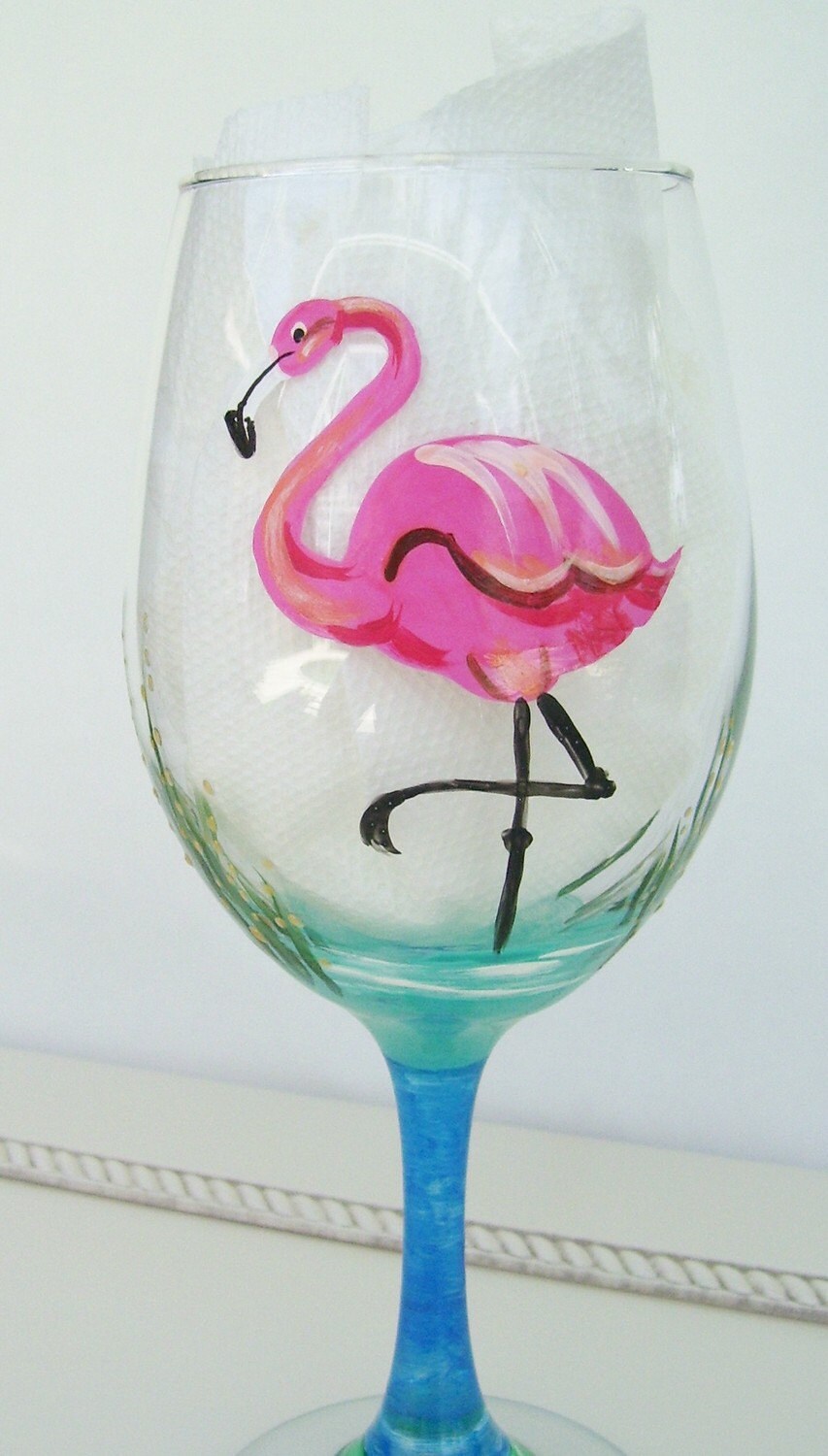 Hand Painted Flamingo Wine Glass