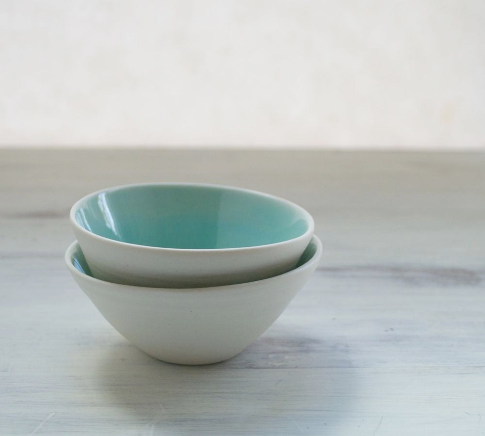 Two Salt and Pepper Bowls in Aqua and White Porcelain