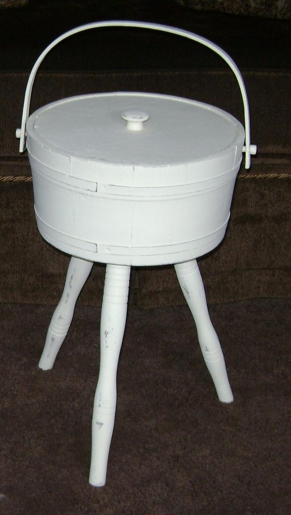 Wood Sewing Bucket on Legs Upcycled Sewing Needs Magazines