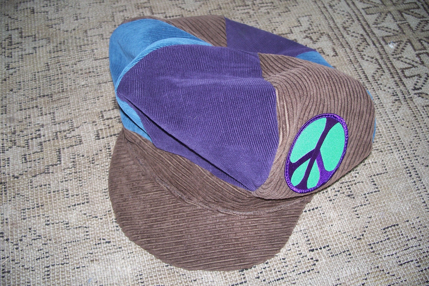 Handmade Corduroy Patchwork Hat with peace sign patch size