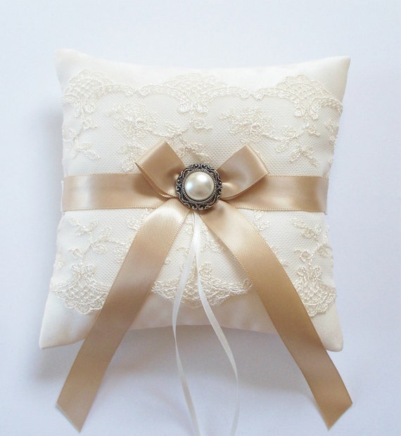 Items similar to Wedding Ring Pillow in Ivory Lace, MINIsize, Champagne Bow and Vintage Look