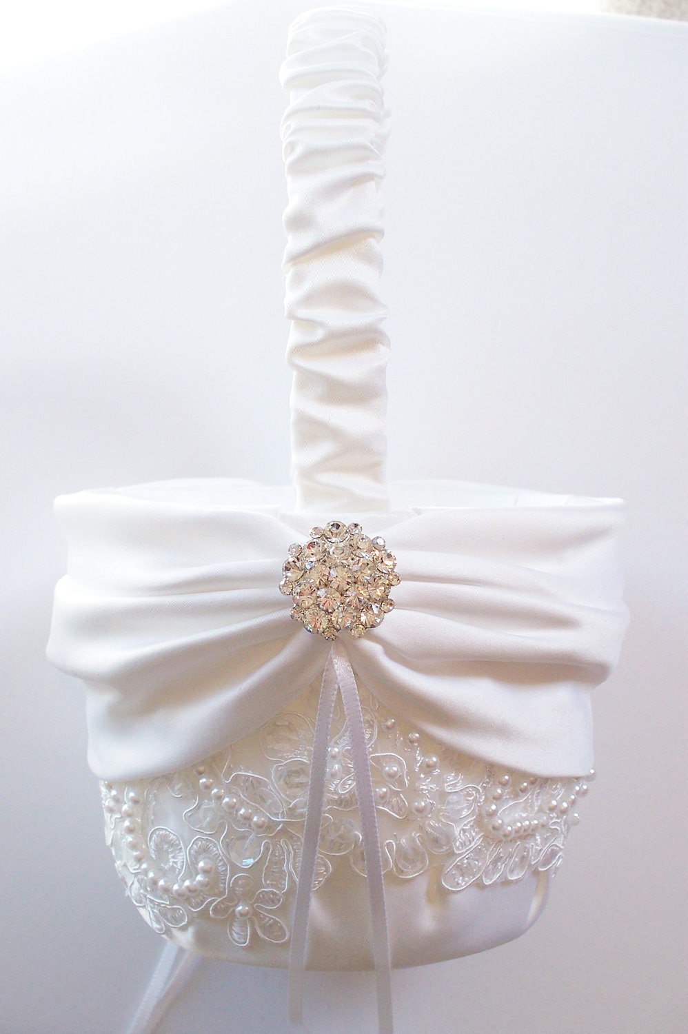 Wedding Ring Pillow and Basket with Beaded Alencon Lace White