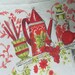 SALE 50% off - Vintage Table Cloth Red green Motif on White