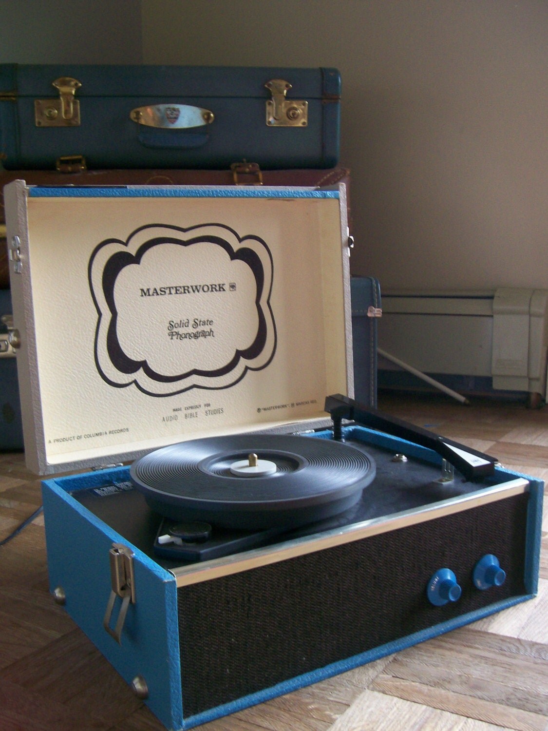 Vintage Masterwork Record Player Blue Cream Solid State