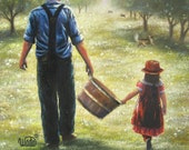 Farmer Dad Daughter Art Print apple orchard, grandpa granddaughter girl paintings prints, Vickie Wade Farmer Dad Daughter Art Print apple orchard, grandpa granddaughter girl paintings prints, Vickie Wade