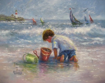 Beach Boy Art Print, beach paintings, boy on beach, beach decor wall art, nautical print, beach children, Vickie Wade art