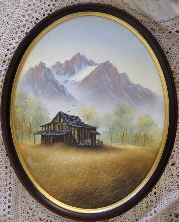 Mountains and Barn original oil painting framed oval rustic