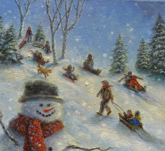 Children Playing in Snow Art Print snowman paintings boy