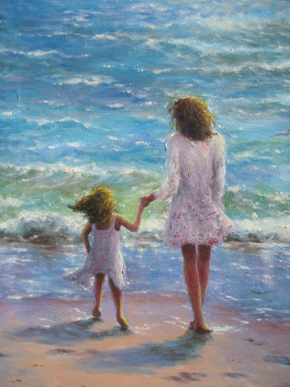 Mother Daughter Beach Art Print beach girls by VickieWadeFineArt