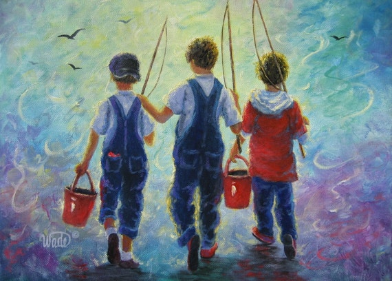 Three Brothers Fishing Print art three boys fishing going