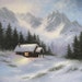 Snowy Hideaway Original Oil Painting, art, snow, cabin, mountains, paintings, winter, landscape, rustic, Vickie Wade paintings