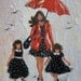 RESERVED for Char Rain Girls Original Painting, mother and two daughters paintings, rain paintings