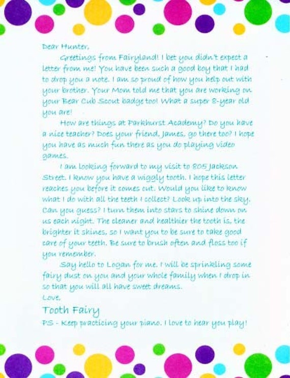 Letter from the Tooth Fairy Personalized & Postmarked from