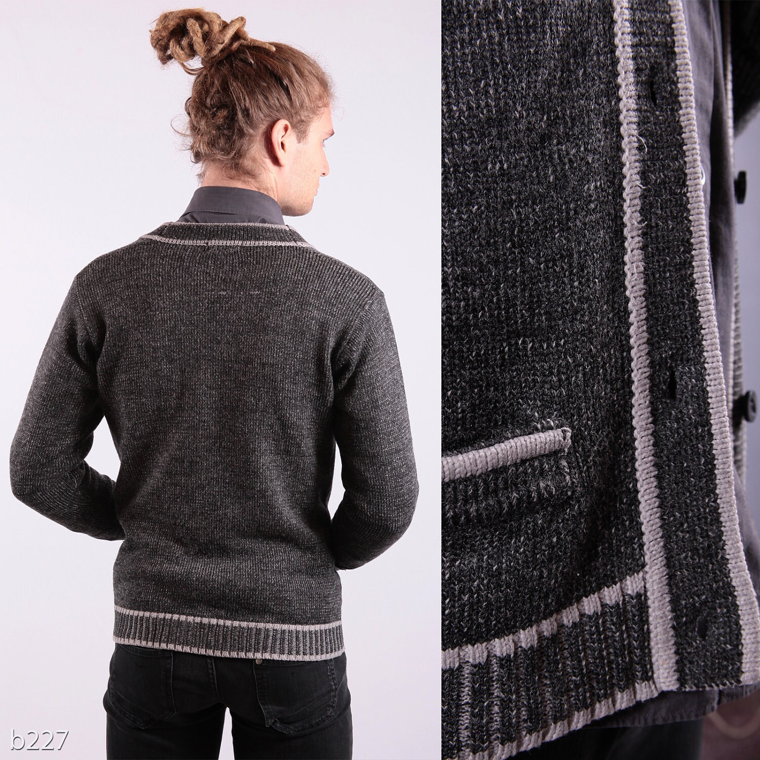 Vintage 80s Mens Cardigan / Gray Slim Fit Cardigan / Small