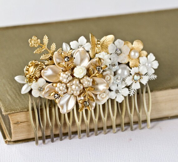 bridal hair comb shabby chic hair comb gold white by lonkoosh bridal hair comb shabby chic hair comb gold white by lonkoosh