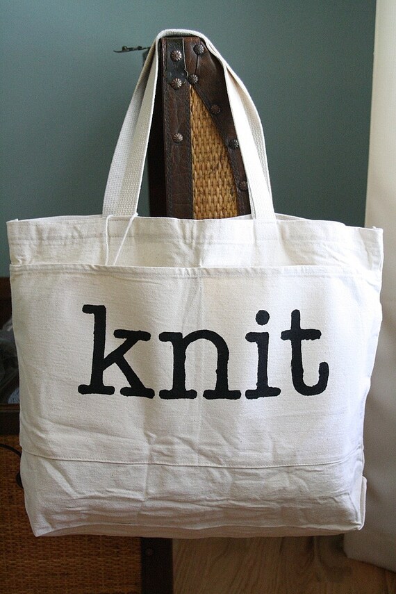 Knit Large Tote Bag with Pockets by TheVintagePaperphile on Etsy