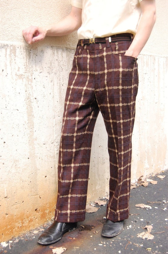 1960s mens pants polyester brown window pane plaid cuffed