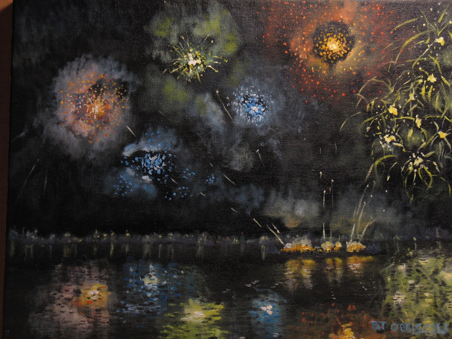 Original oil painting Fireworks celebration 11x14