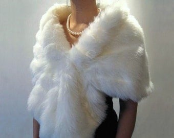 White bridal faux fur wrap faux fur shrug faux fur stole faux fur shawl cape A001-White