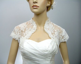 Lace bolero, wedding bolero, wedding jacket, white cap sleeve bridal alencon lace wedding bolero jacket
