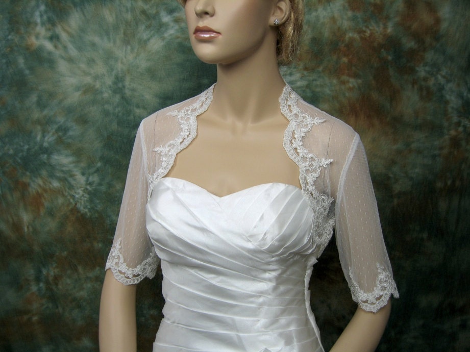 Ivory elbow length sleeve dot lace bolero bridal shrug bridal