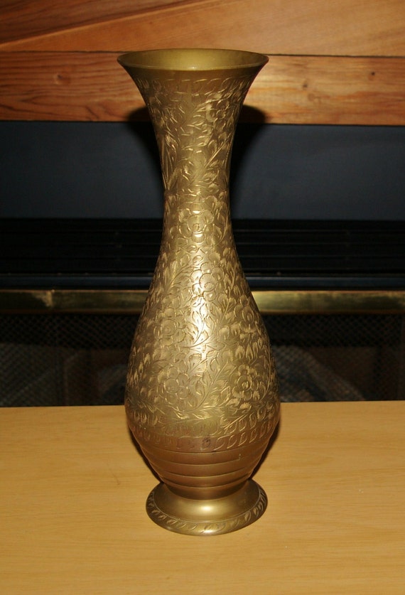 Brass Vase from India Flower Etched Large Size On SALE