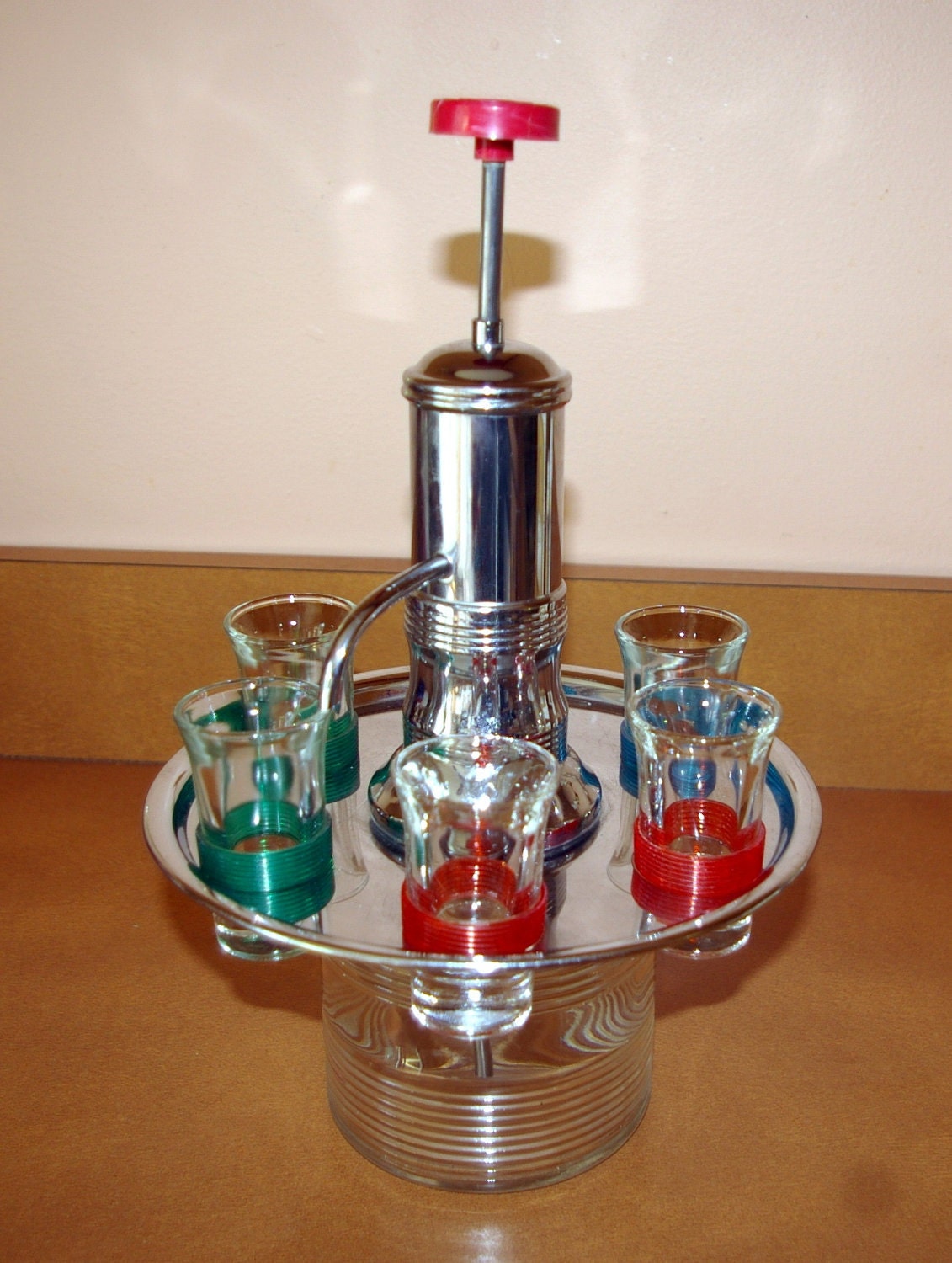 Vintage Shot Dispenser Decanter and 6 Shot Glasses Rare Find