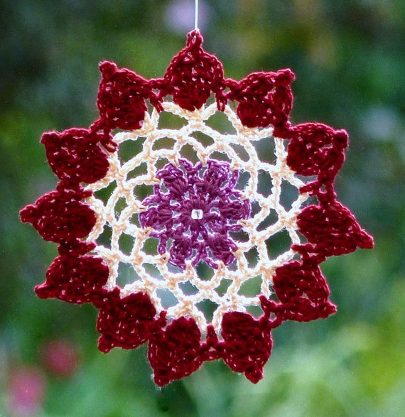 Items similar to Crochet doily mandala hanger suncatcher beaded red ...