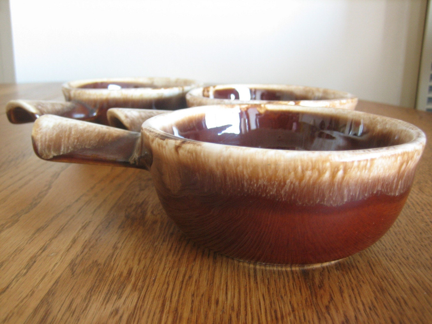 3 McCoy Brown Drip Soup Bowls with Handles