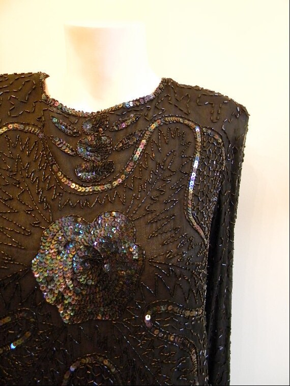 vintage. Black Beaded and Sequins Silk Blouse