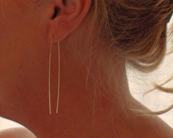 Long Line Gold Threader Hoop Earrings, 14K Yellow Gold Wire Earrings, Square Upside Down Threader Earrings, Minimalist Jewelry, Open Hoops