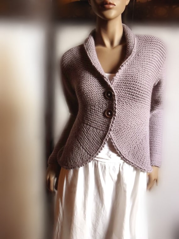 Womens Hand Knit Sweater Jacket Purple Grey Wool Sweater