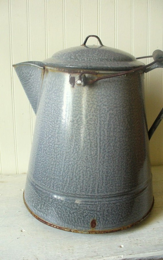 Vintage Enamel Granite Ware Camping Coffee Pot Large Rustic