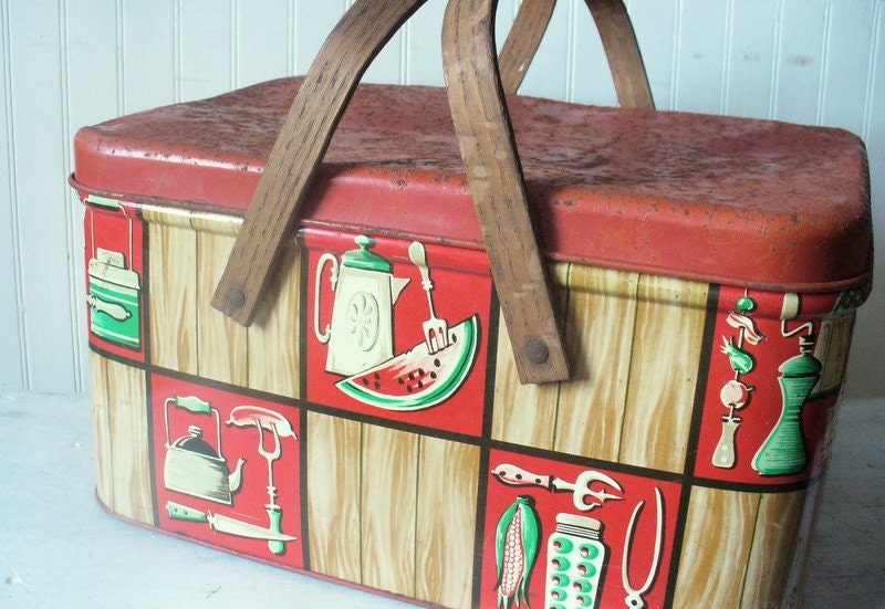 Vintage Tin Picnic Basket Mid Century Teapots Watermelon