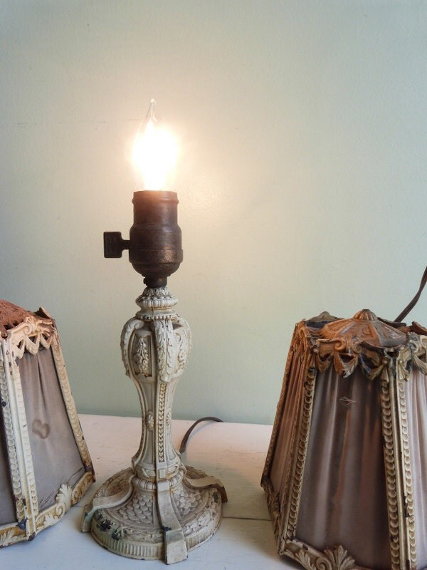 Antique Funeral Parlor Lamp with Two Shades Cast Metal Chippy