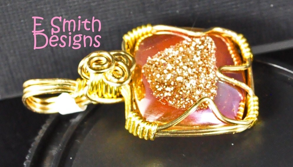 Square spanish rose druzy pendant wrapped in creamy gold like