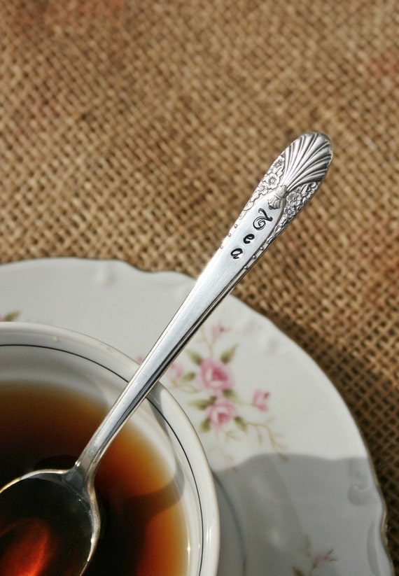 silver Hand spoon Tea stamped silverware  recycled cheese placement   vintage plated knife