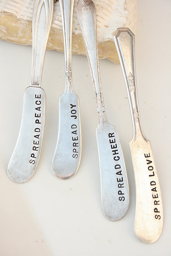 Vintage hand stamped cheese or jam spreaders spread love joy
