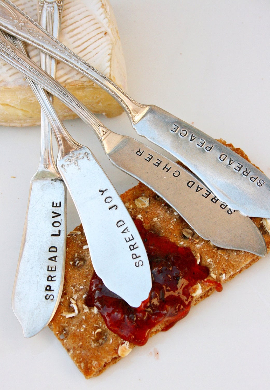 Hand stamped cheese or jam spreaders spread love joy peace