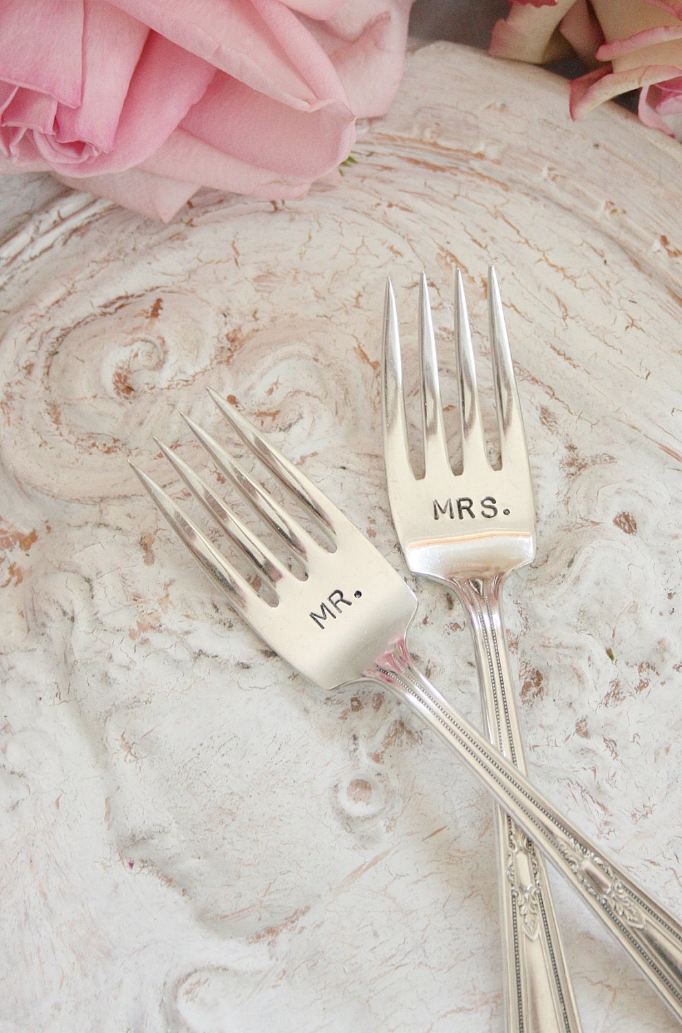 Customized Mr and Mrs wedding cake forks by BeachHouseLiving