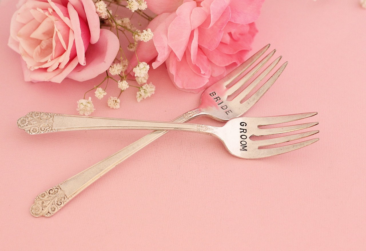 Rustic Bride and Groom Fork Set Wedding Forks Hand Stamped