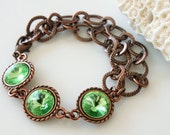 Rivoli Swarovski Bracelet, Peridot Green Crystals, Heavy Copper Chain, Antique Copper Bracelet