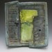 Hand-built decorative platter. Plate, wall hanging, rustic, modern, blue, gray, chartreuse.