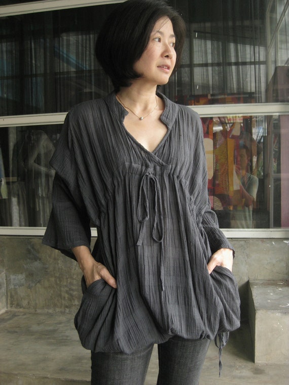 Long Sleeve Stand Collar V-Neck Tunic Crinkle Cotton Blouse