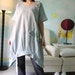 Funky Blossom...Floral Applique Blueish Grey Light Linen Mix Cotton Blouse Tunic Dress With Asymmetrical Hem