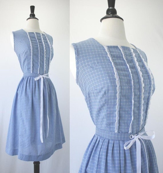 50s Dress Vintage Day Frock Pleated Skirt Blue & White
